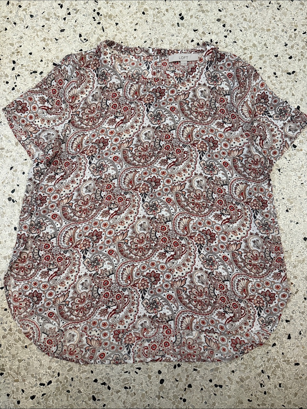 LOFT White Short Sleeve Paisley Blouse with Red & Brown Accents